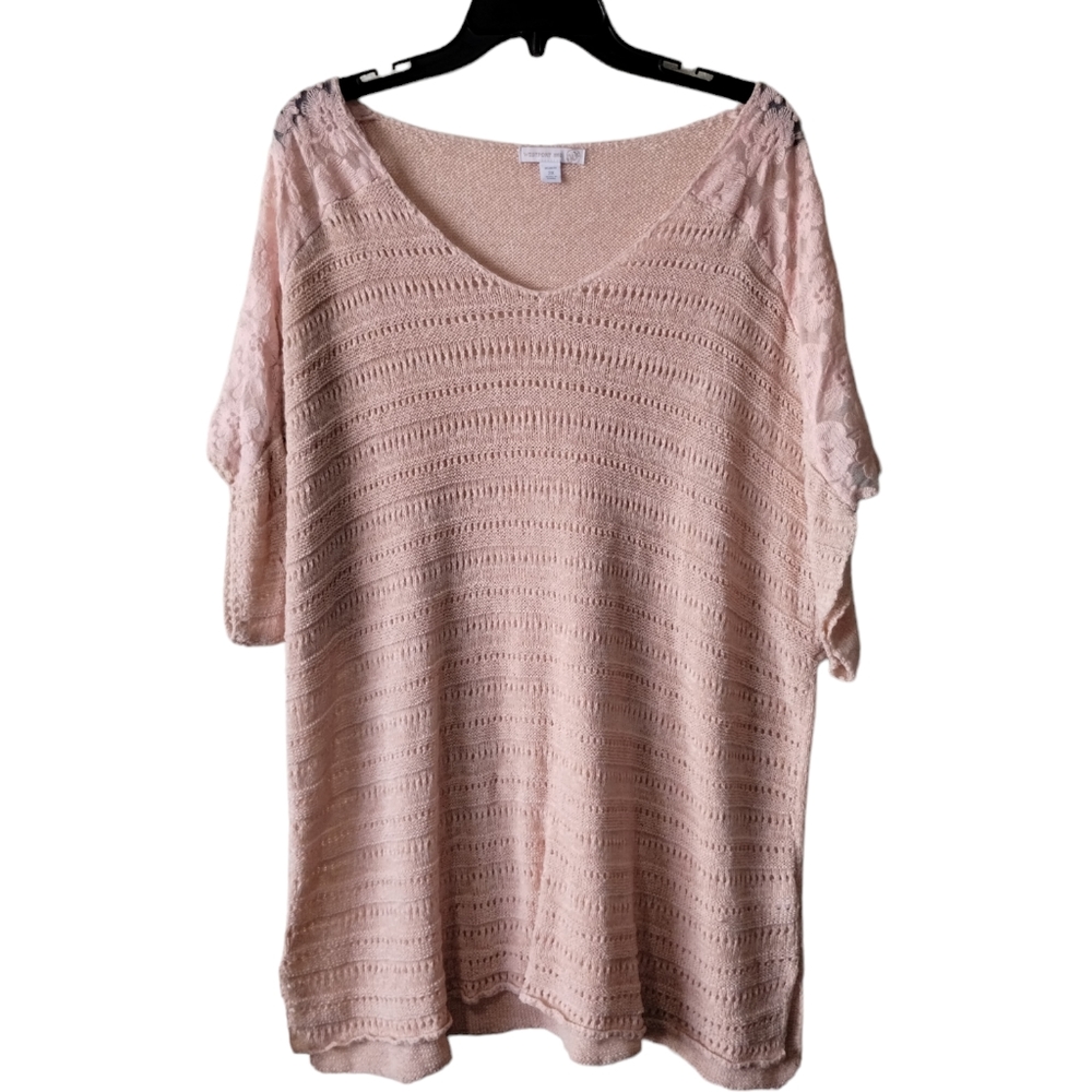 Westport 1962 Women's Plus Size Soft Pink Sheer V-Neck Sweater w/ Lace Sleeves